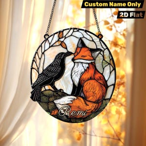 Custom Fox and Raven Window Hanging, Personalized Name Sign, Faux Stained Glass Art