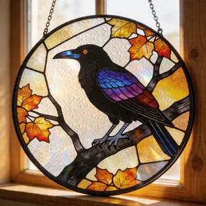 Raven Stained Glass Suncatcher, Gothic Autumn Leaves Window Art, Nature Prism Decor