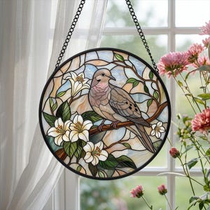 Mourning Dove Stained Glass Suncatcher: White Lily Flower Memorial Bird Gift
