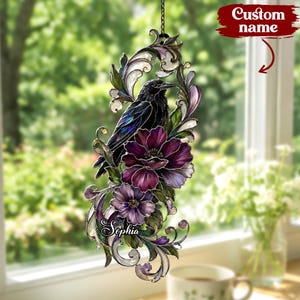 Gothic Raven Floral Resin Suncatcher, Faux Stained Glass Window Hanging, Dark Academia Decor